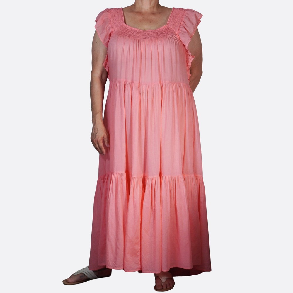 J.Crew 100% Cotton Sheer Ruffle Tiered Coral Pink Maxi Dress Garden Party